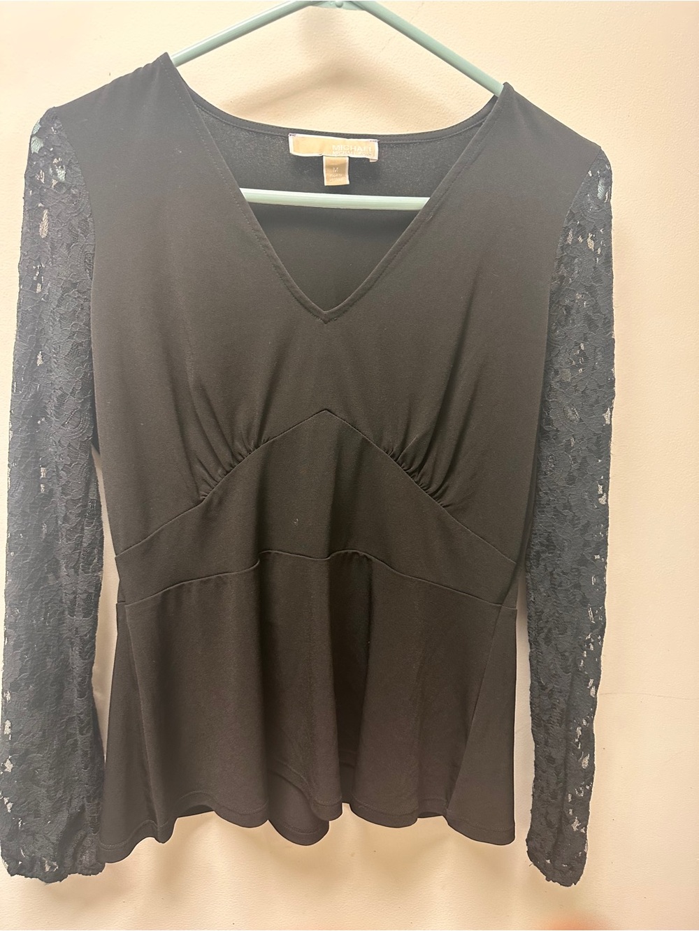 Michael Kors Black Lace-Sleeve V-Neck Peplum Top